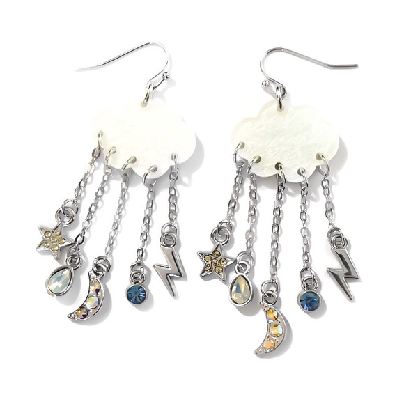 Silver Cloud Moon Star Lightning Bolt Swarovski AB Crystal Chandelier Earrings - Picture 2 of 9